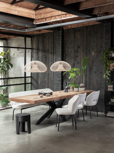 MA 940346 Dining table Einstein + ML 749415 Arm chair Vista + ML 749533 Bench Bloom + ML 890804 Pendan lamp Cala Salada + ML 461107 Baba_Sfeer